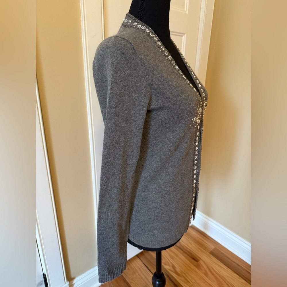 J. Crew Women's Sweater Size S Cardigan Beaded Floral 70574 Merino Angora Gray - Picture 3 of 14